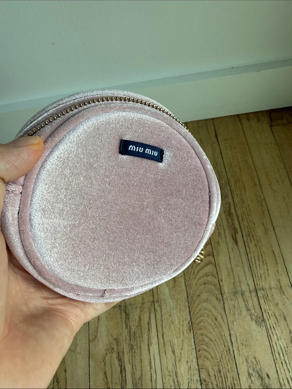 Miu Miu Blush Pink Velvet Round Pouch with Gold Chain